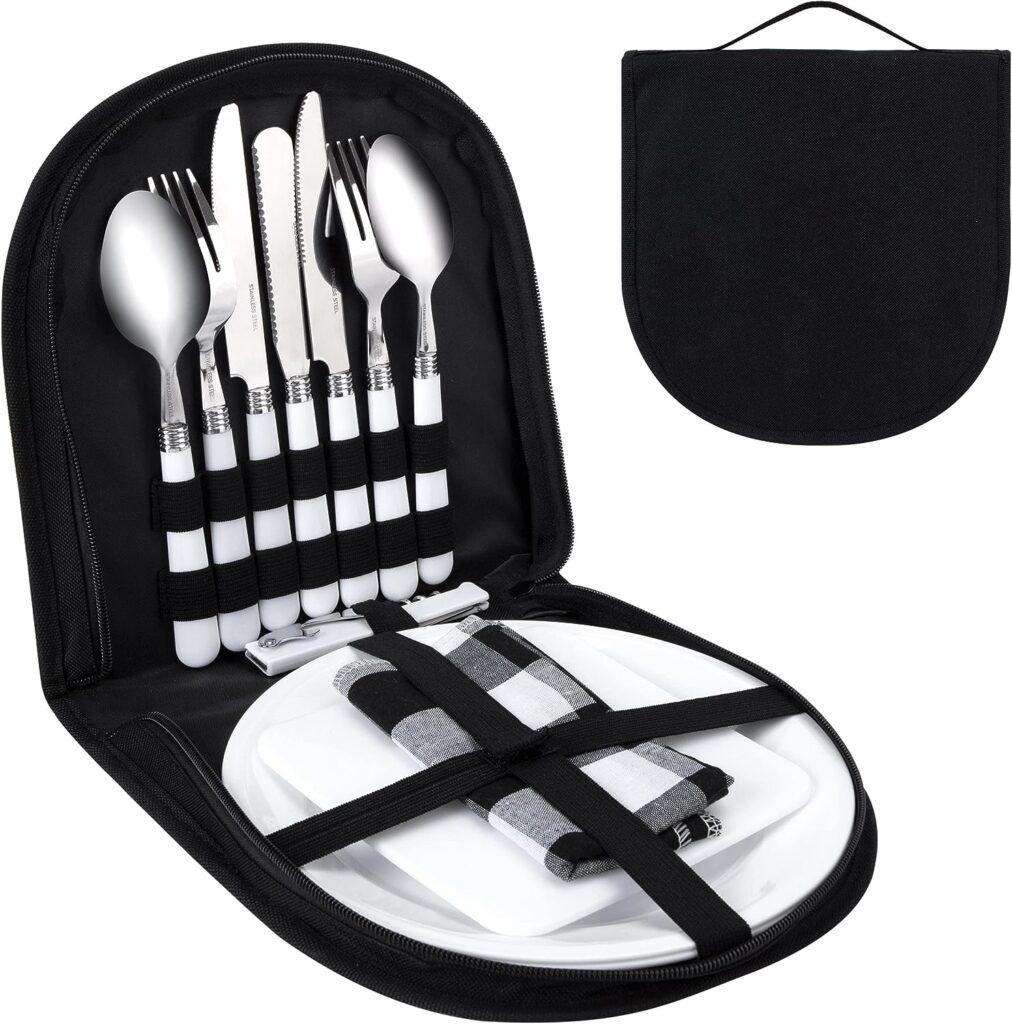 Camping Cutlery Set Portable 13-Piece Picnic Set Stainless Steel Outdoor Crockery Set with Spoon Fork Bowl for Camping Picnic 2 People