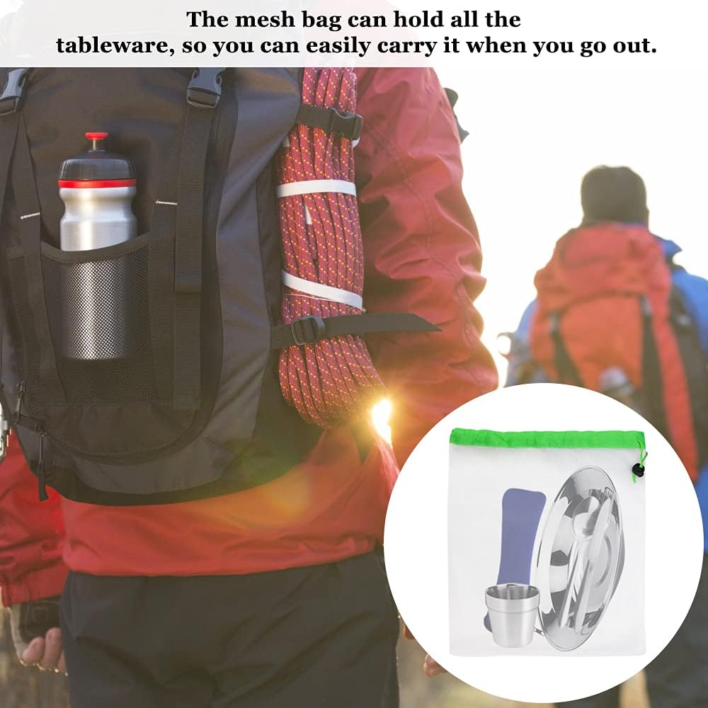 EMAGEREN 7-in-1 Camping Cutlery Set, Stainless Steel Crockery Set, Outdoor Travel Cutlery, Picnic Set, Camping Tools, Dinnerware Round Plate + 3-Piece Cutlery + Cup + Cutlery Bag + Mesh Bag