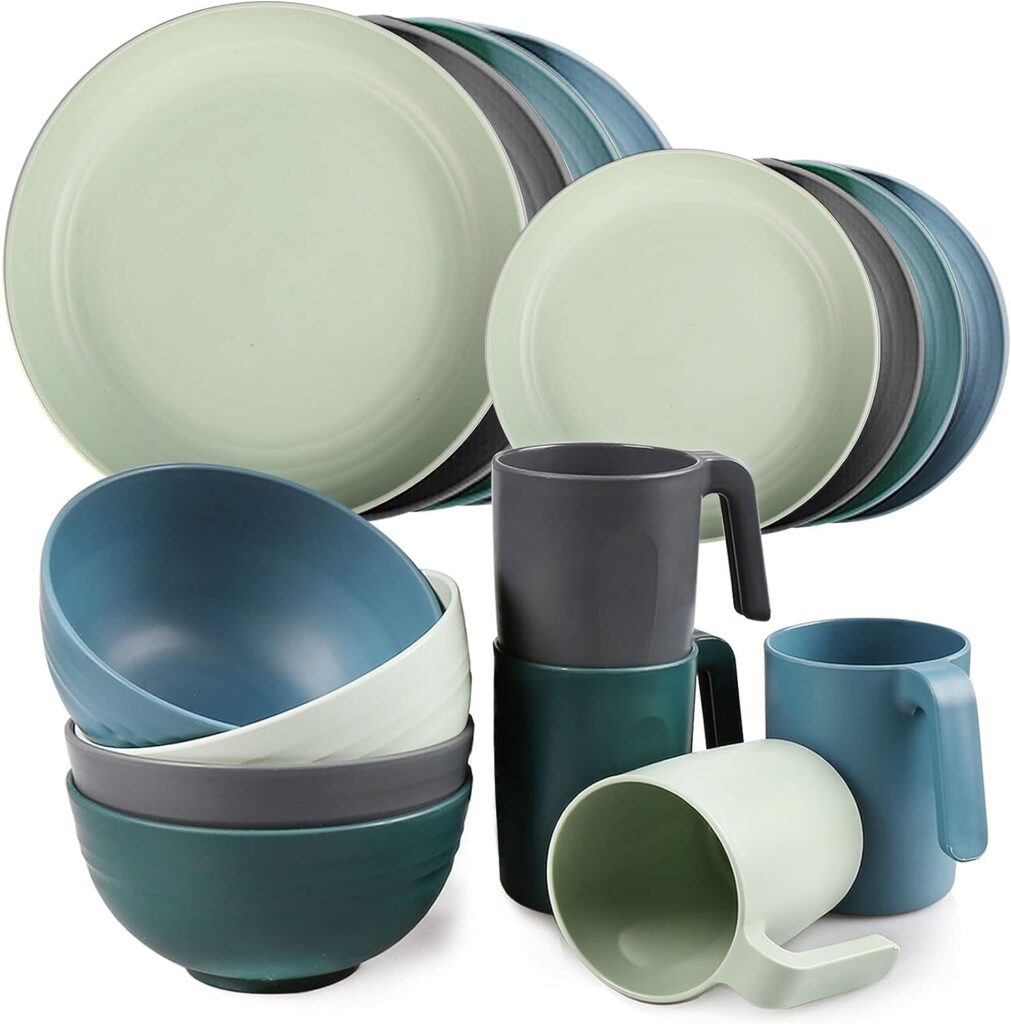 Greentainer Plastic Crockery Sets (16 Pieces), Lightweight and Unbreakable Complete Set, Plate Set, Bowls, Cups, Dinner Service for 4 People, Ideal for Children and Adults, Reusable