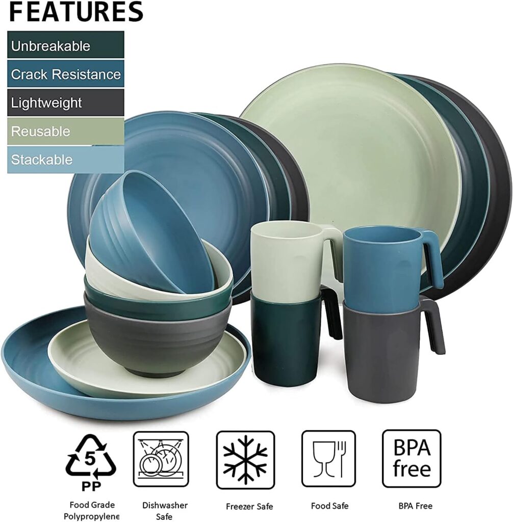 Greentainer Plastic Crockery Sets (16 Pieces), Lightweight and Unbreakable Complete Set, Plate Set, Bowls, Cups, Dinner Service for 4 People, Ideal for Children and Adults, Reusable