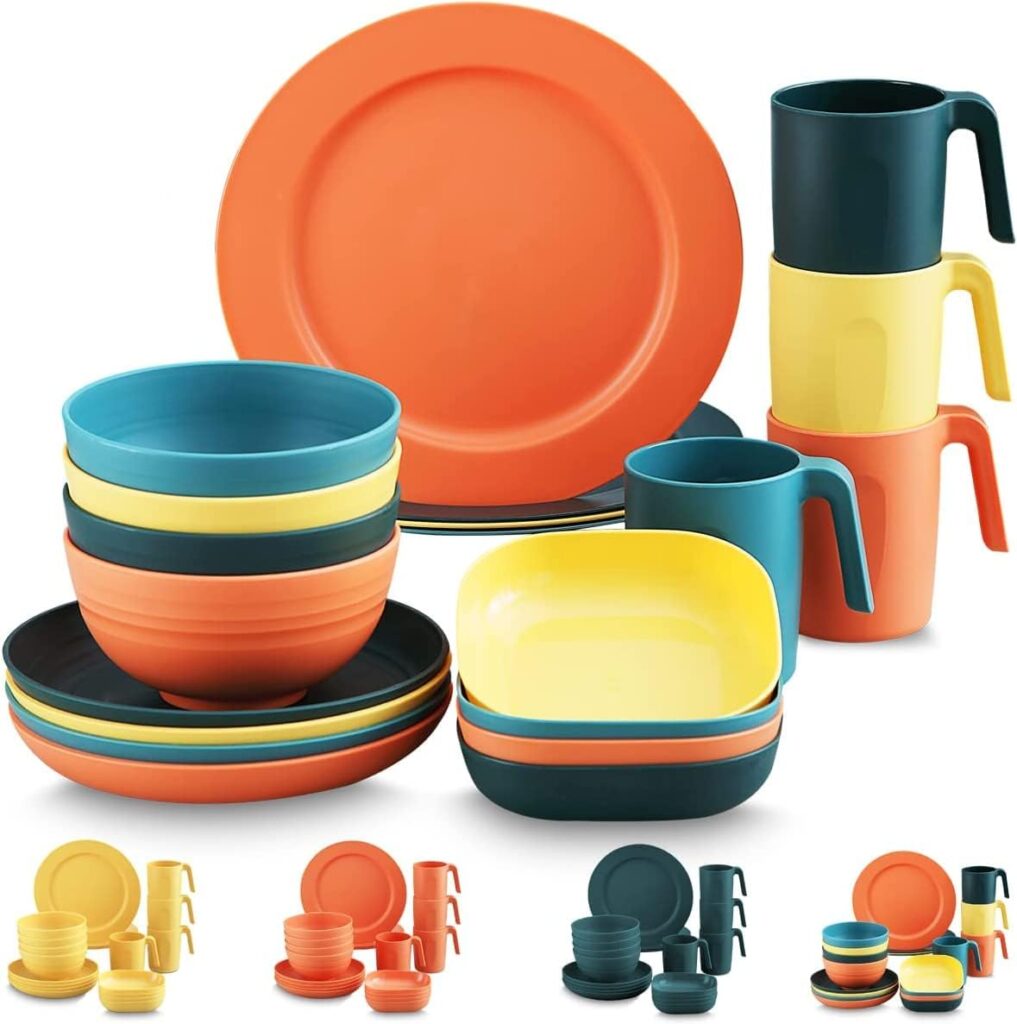 Kyraton Plastic Crockery Set, 20 Pieces, Unbreakable Lightweight Plate Set, Cups, Bowls, Camping Tableware, Easy to Carry and Clean, Dishwasher Safe Service for 4