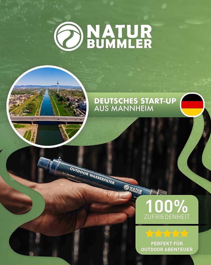 Naturbummler ® Outdoor Water Filter 2000 Litres [CO2 Neutral] Includes Carabiner and Extension Straw - Kills 99.999% of Bacteria and Germs - Survival Water Filter Camping