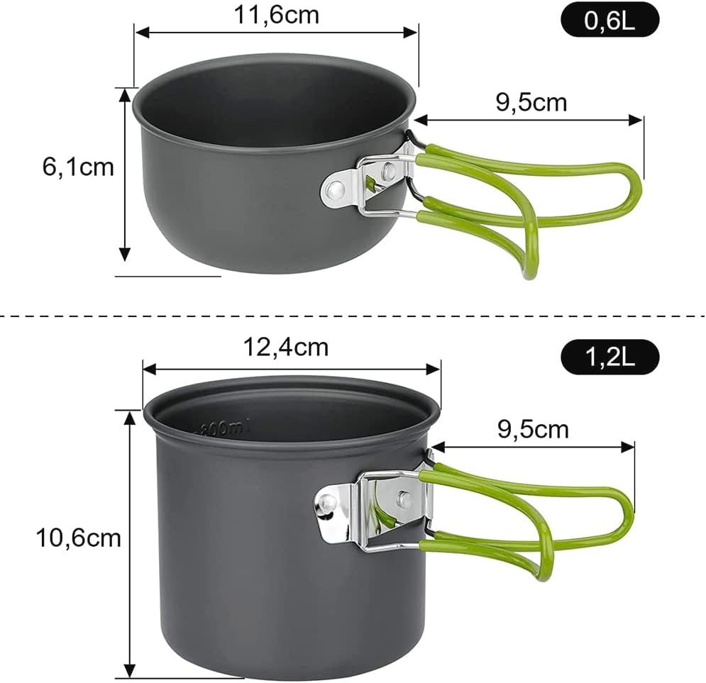 opamoo Camping Cookware Set, 2 People Camping Crockery Set, 1.2 L Aluminium Camping Pot with Foldable Cutlery, Outdoor Cookware, Camping Tableware for Hiking, Fishing, Picnic