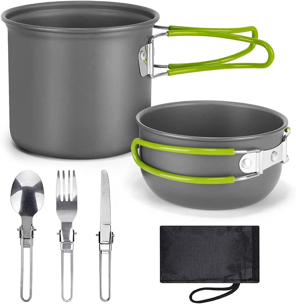 opamoo Camping Cookware Set, 2 People Camping Crockery Set, 1.2 L Aluminium Camping Pot with Foldable Cutlery, Outdoor Cookware, Camping Tableware for Hiking, Fishing, Picnic