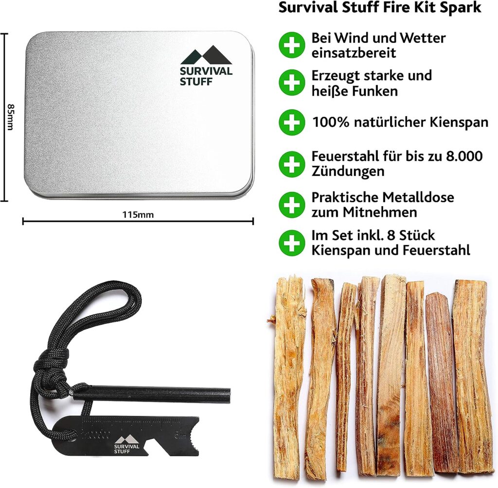 Survival Stuff Fire Kit Spark â Magnesium Fire Steel with Resin Pinspan in Set â Extremely Strong Spark Flight â Your EDC for Outdoor, Bushcraft, Survival