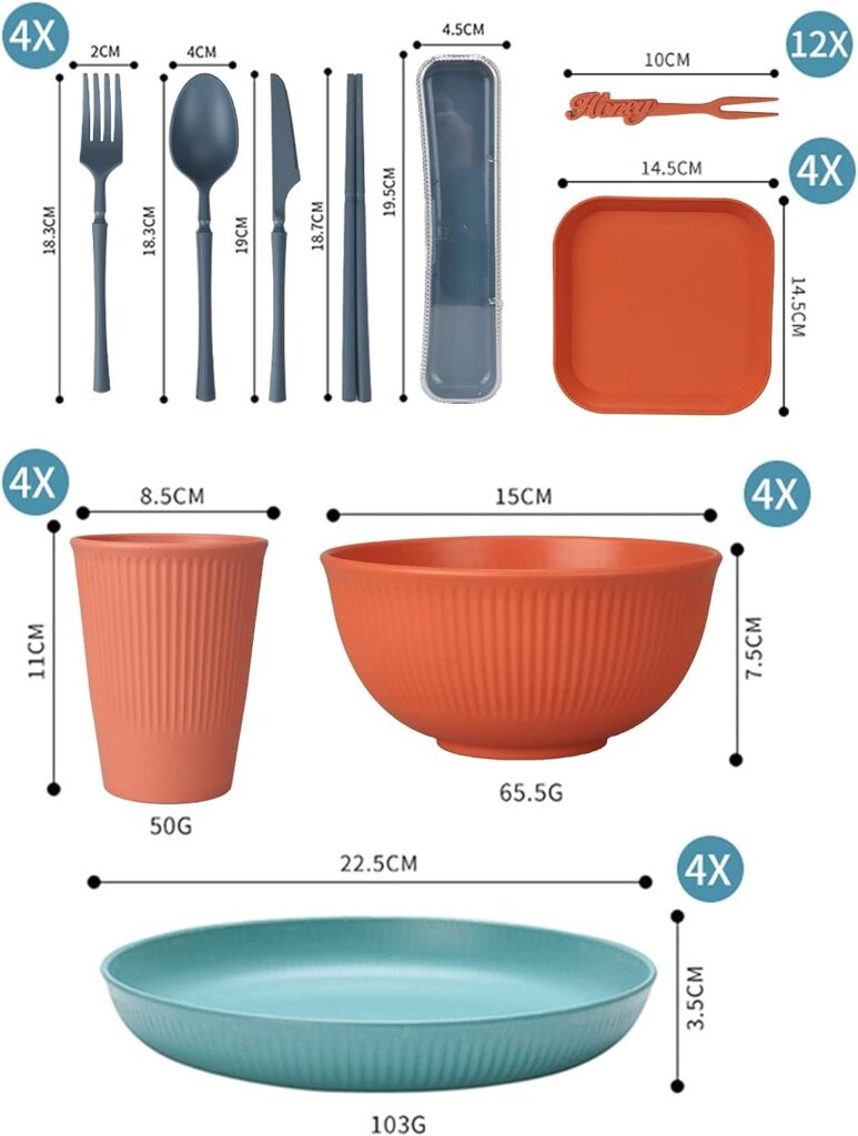 Unbreakable Camping Crockery Set for 4 People Plastic Crockery Picnic Lightweight Colourful Grill Plastic Serving Plate Bowls Cutlery Set 48 Pieces