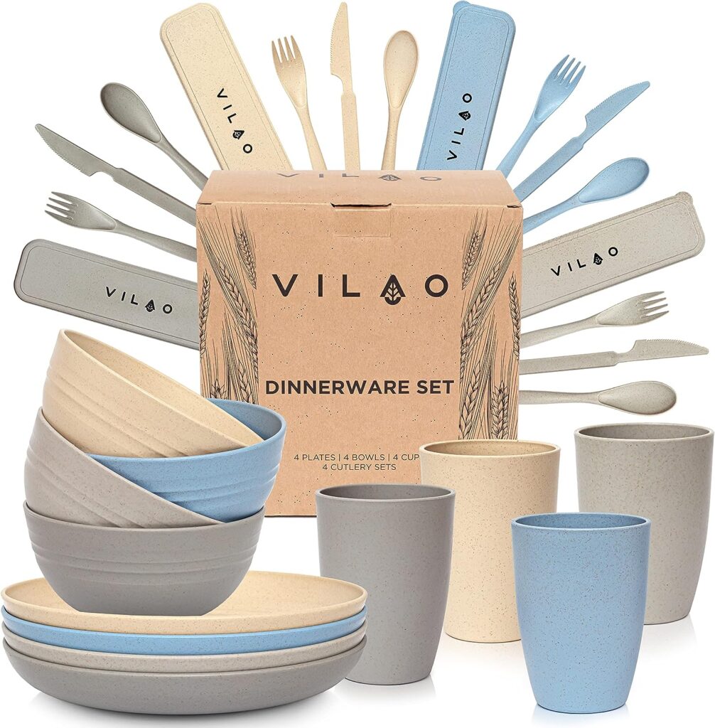 VILAO Crockery Set for 4 People - Reusable Recyclable - Plastic Cups Plate Bowls Cutlery - Picnic Camping Outdoor - Plastic Tableware Set, Camping Tableware