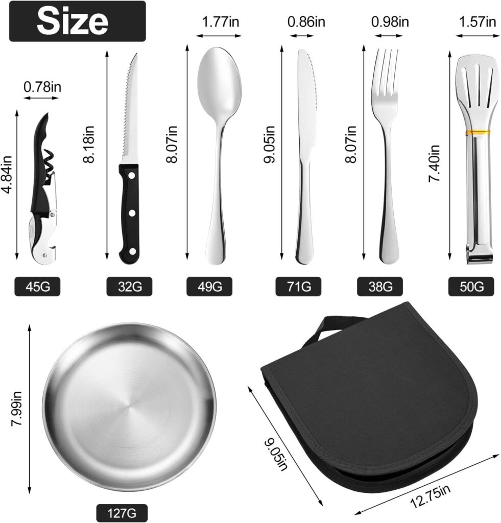 Vusddy 14-Piece Camping Cutlery Set for 2 People - Portable Stainless Steel Outdoor Tableware Set for Camping, Picnic and Travel - with Knife, Fork, Spoon, Bottle Opener and Plate in Carry Bag