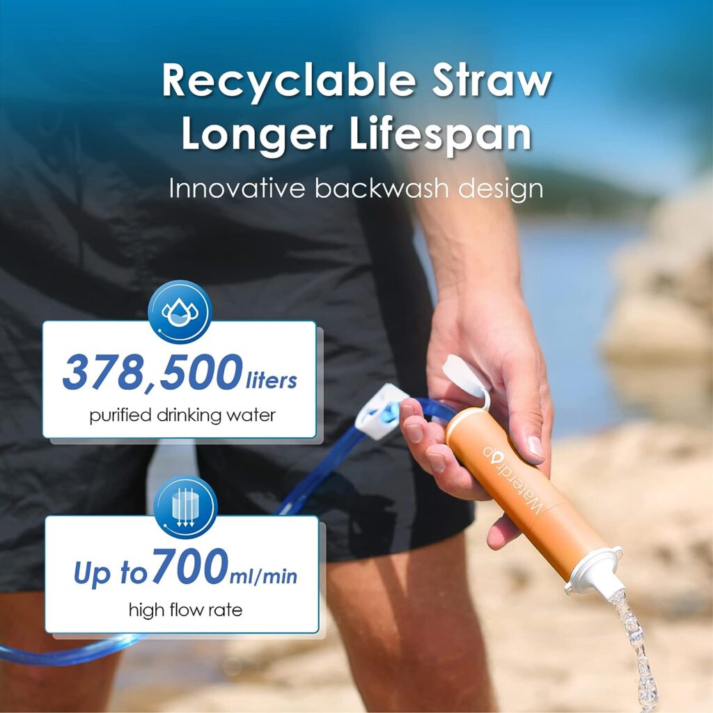 Waterdrop Water Filter Straw with Gravity Water Bag, Portable Camping Filter System, Drinking Water Cleaner for Emergencies, Hiking, Travel, Backpacking (Orange)