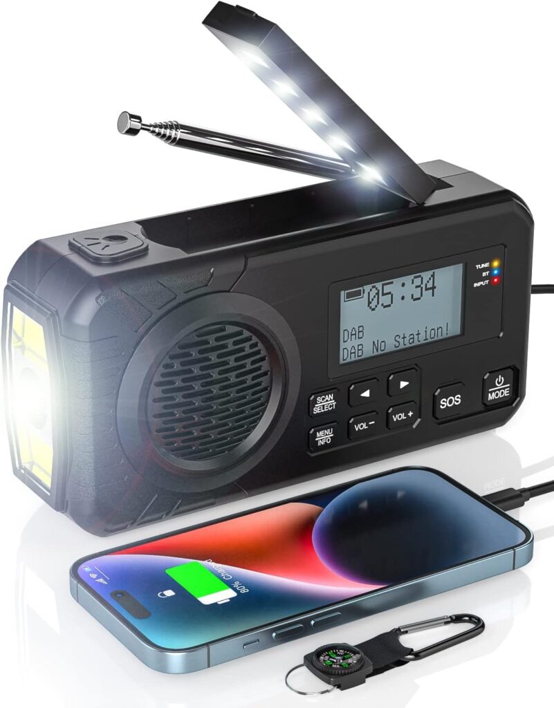 DAB Portable Crank Radio Emergency Radio Solar Energy Emergency Radio with Bluetooth FM SOS Alarm 5000 mAh Rechargeable Power Bank Compass Type C Charging Designed for Camping, Emergencies, Survival