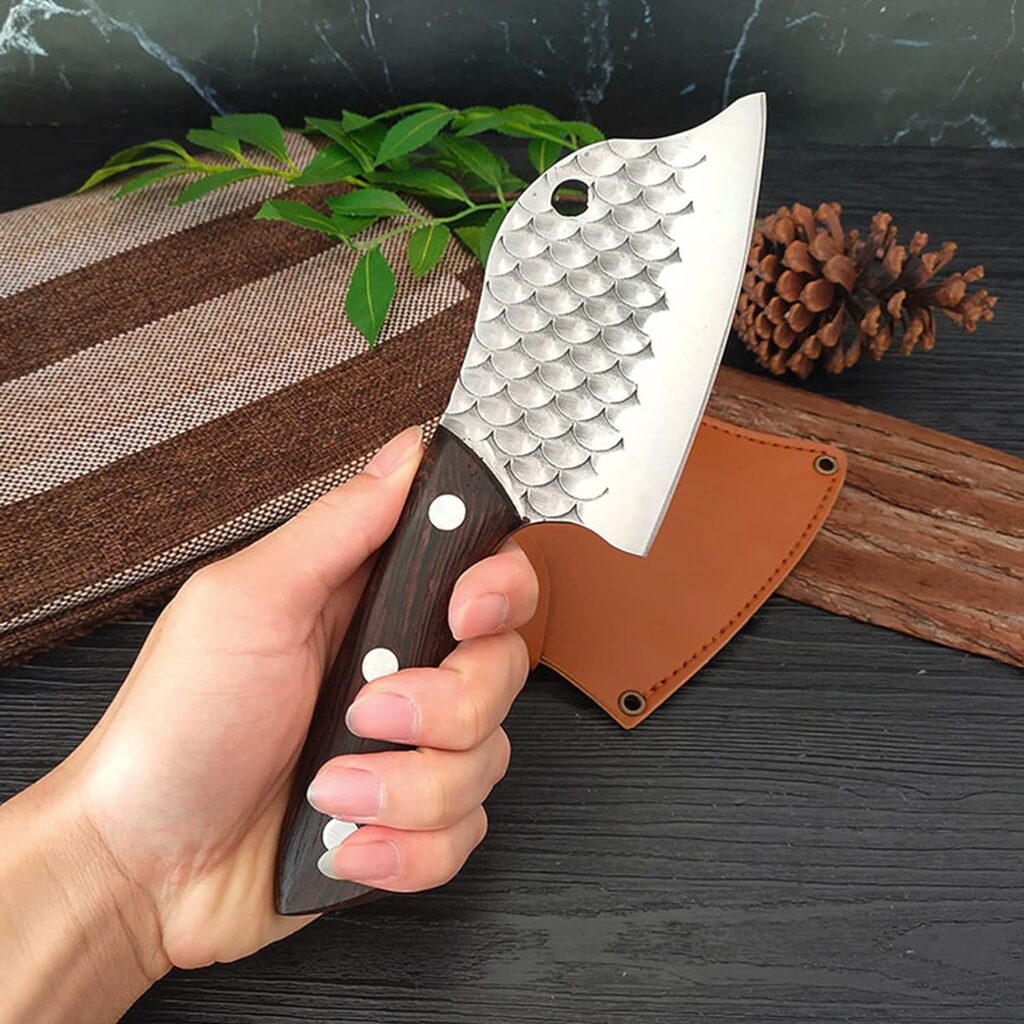 Fubinaty Chefs Knife, Handmade Forged Squama Pattern Chefs Knife, Kitchen Knife, Fruit Knife, Carbon Steel Knife with Wooden Handle and PU Leather Sheath for Home, Camping, BBQ