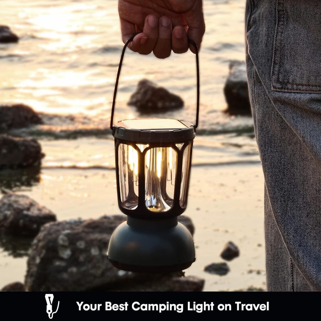 LED Camping Lamp Solar Vintage Design, Waterproof LED Camping Lantern, Emergency Light with Hand Crank, Built-in 6000 mAh Battery for Hiking, Fishing