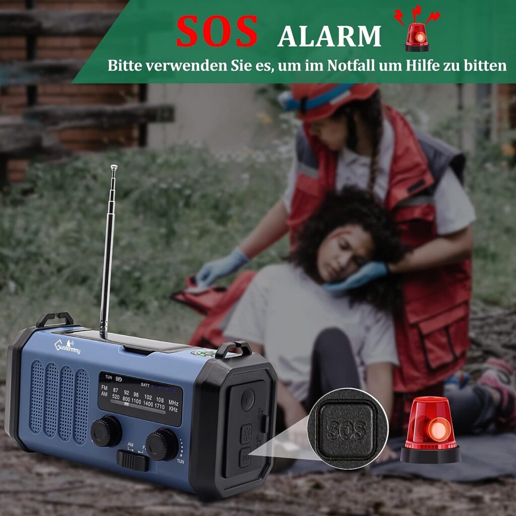 Portable Solar Radio, Dynamo Crank Emergency Radio with 10,000 mAh Power Bank for USB Connection, Battery Operated AM FM Radio, 3 Modes LED Torch, Loud SOS Siren, Best Outdoor Camping Survival Kit