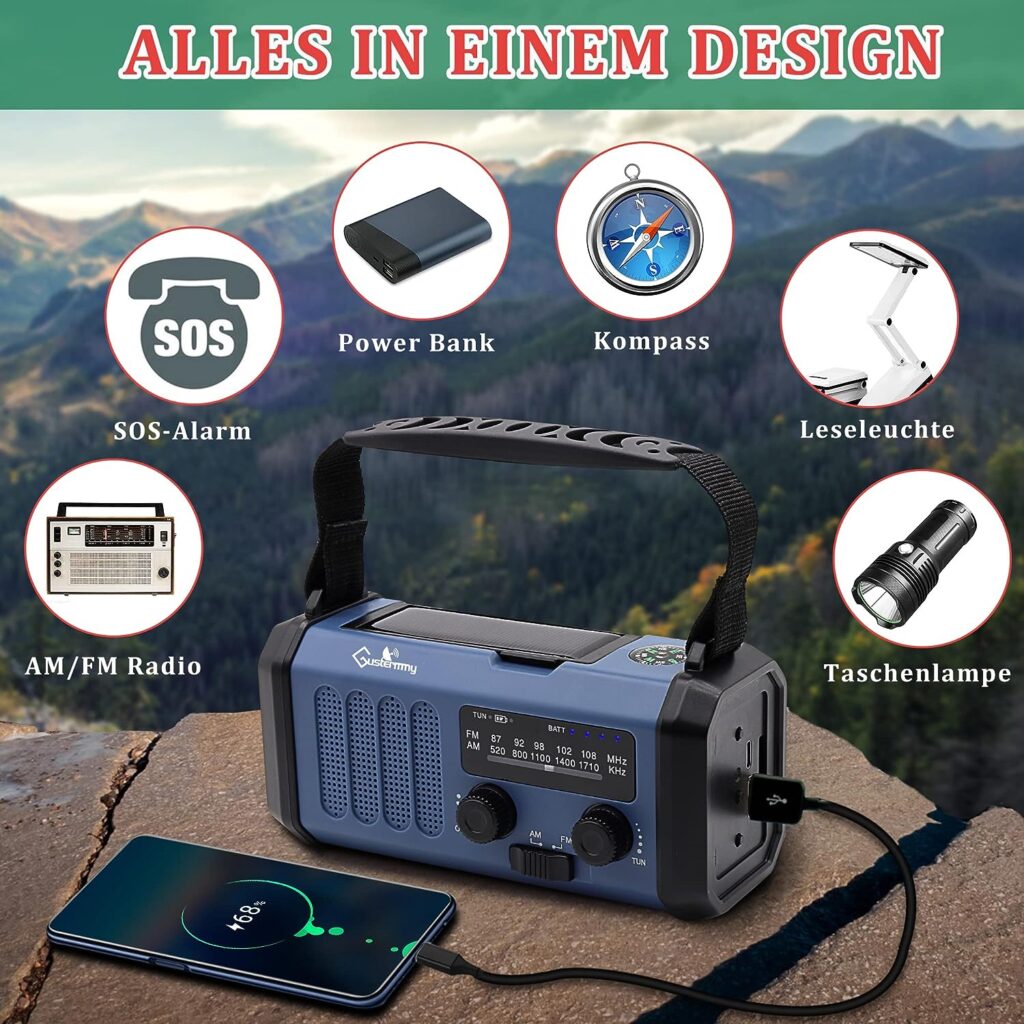 Portable Solar Radio, Dynamo Crank Emergency Radio with 10,000 mAh Power Bank for USB Connection, Battery Operated AM FM Radio, 3 Modes LED Torch, Loud SOS Siren, Best Outdoor Camping Survival Kit