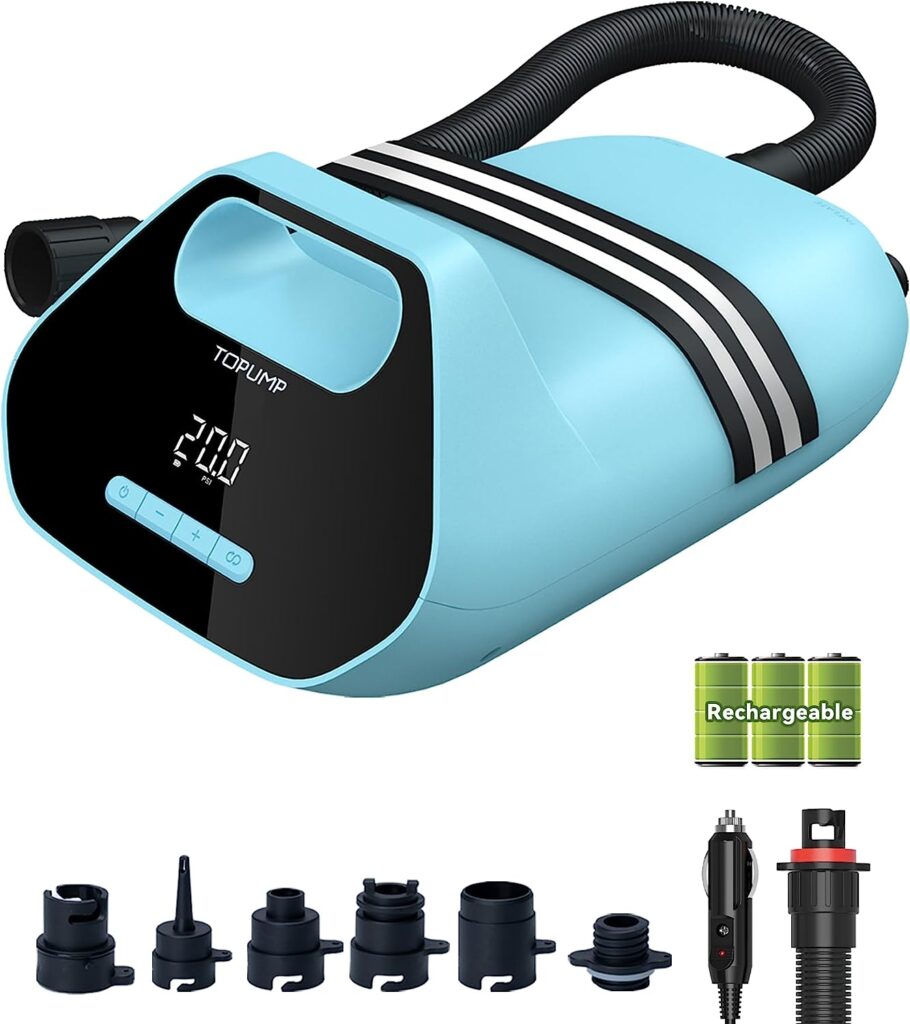 TOPUMP SUP Pump Electric Battery TPS300, 7800 mAh 20 PSI High Pressure Electric SUP Air Pump, 110 V AC/12 V DC Quick Charge, Auto-Off for Inflatable Stand Up Paddle Boards, Boats, Kayak, Kitesurf...